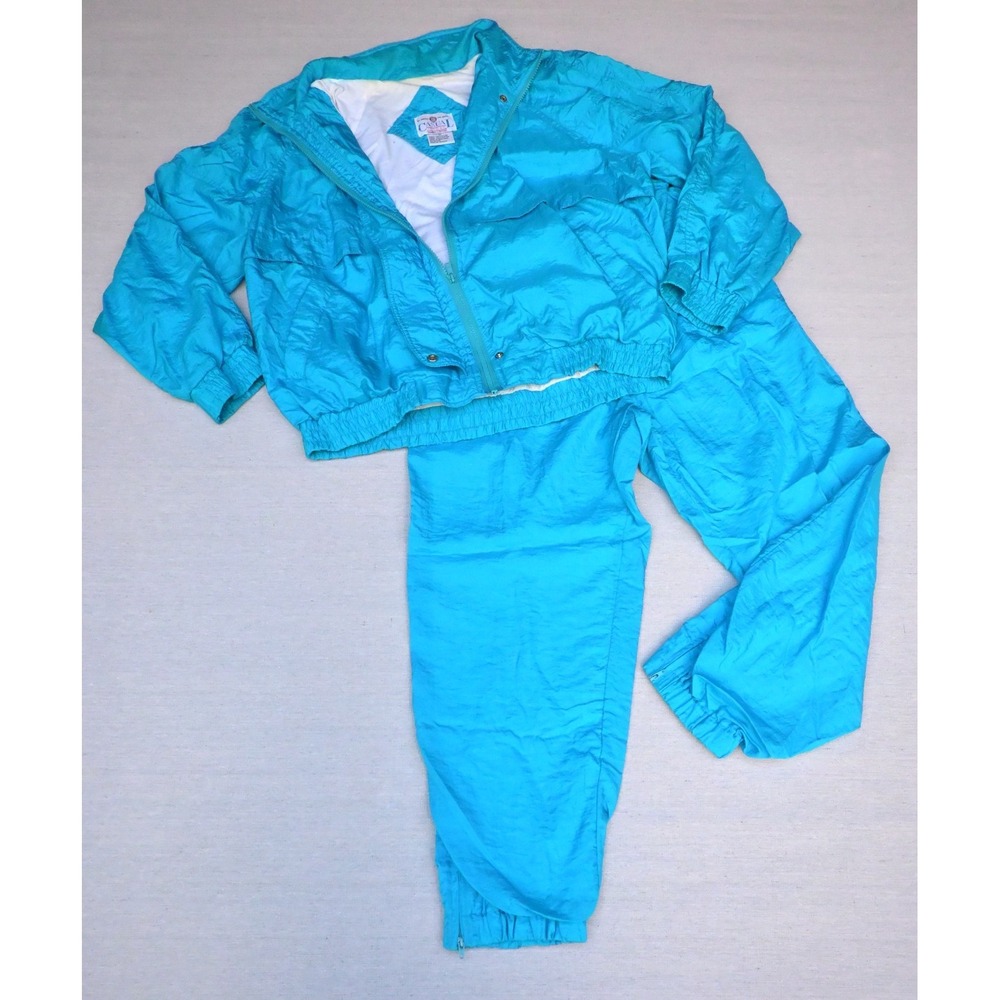 Casual Club Vintage 90s Size M Turquoise Crinkle Windbreaker Jacket Pant Set